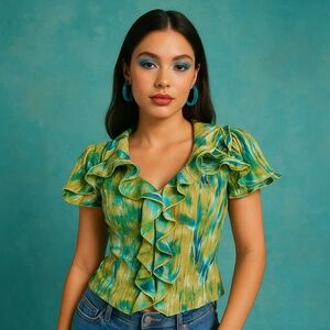 Vintage Green and Teal Ruffle Front Blouse
